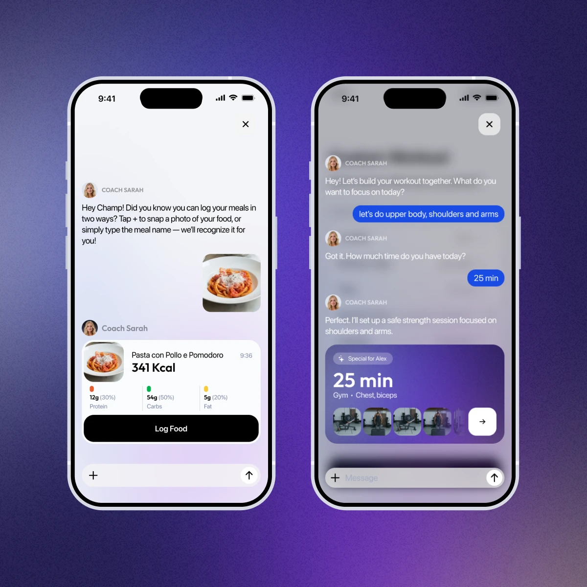 AI Coach chat — nutrition logging with meal recognition and a proactive workout plan built around user goals