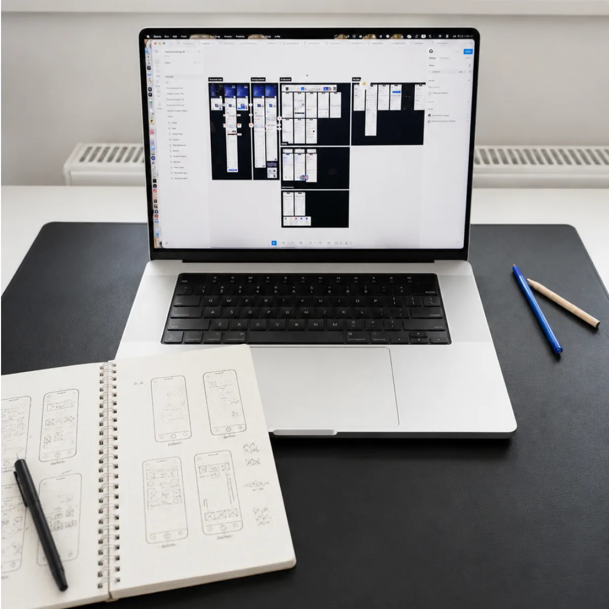 Working setup — Figma file with mobile app flows on a laptop next to a sketchbook of hand-drawn screen wireframes