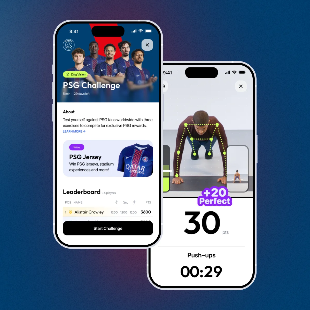PSG Challenge — Zing Vision fitness challenge with leaderboard and pose-tracked push-up scoring